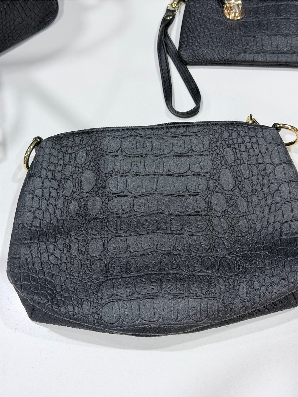 Structured Croc-Embossed Faux Leather Black Tote Bag with Gold Hardware - Picture 7 of 13